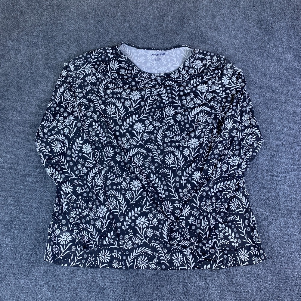 Lands' End Shirt Sun Womens Large 14-16 Black White Floral Stretch Long Sleeve